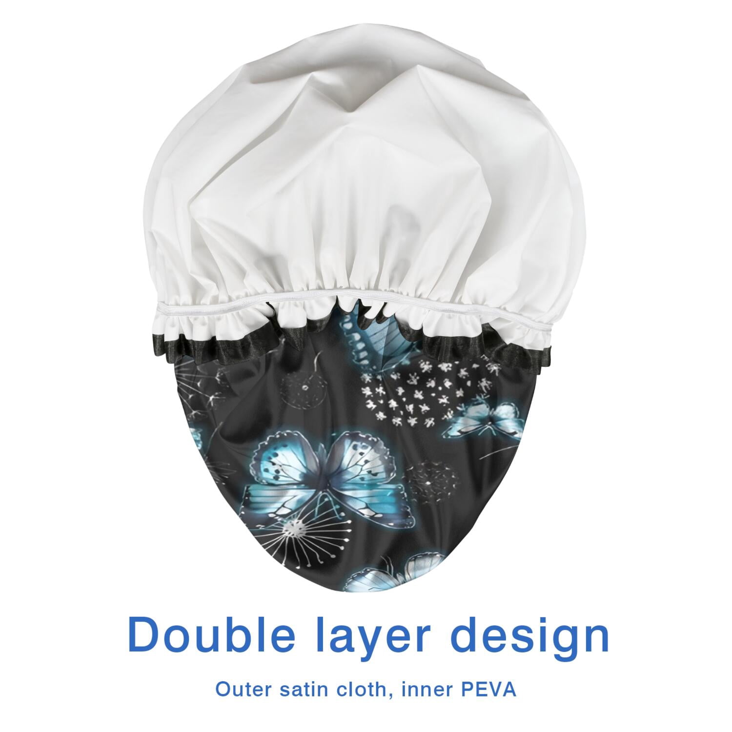 Shower Caps,Black Blue Butterfly Dandelion Pattern Waterproof Shower Cap for Women 4 Pieces,Double Reusable Hair Cover for Shower PEVA Elastic Stretch Hem
