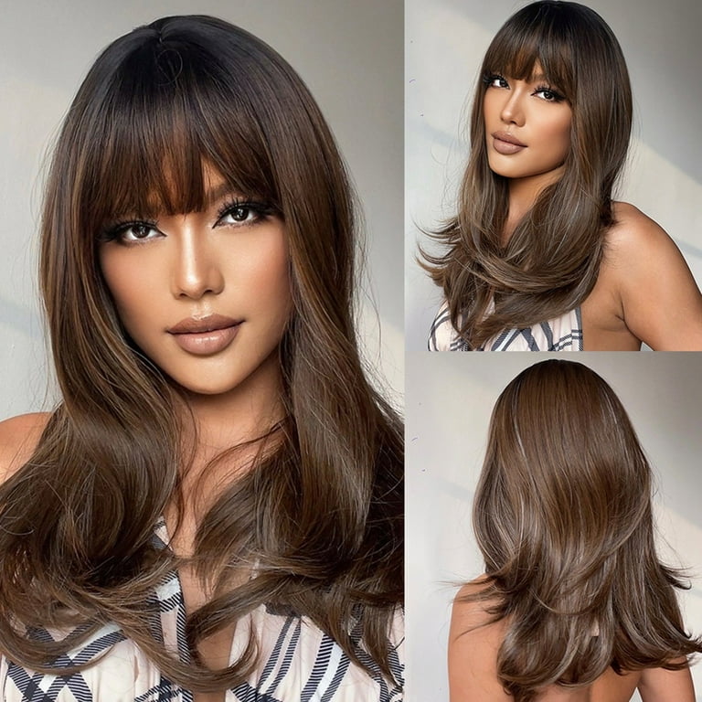 20 Inch Ombre Brown Long Curly Synthetic Wigs for Women Natural Wave Wigs with Bangs Fashionable Layered Clear Rubber Bands for Hair Hair Clips for
