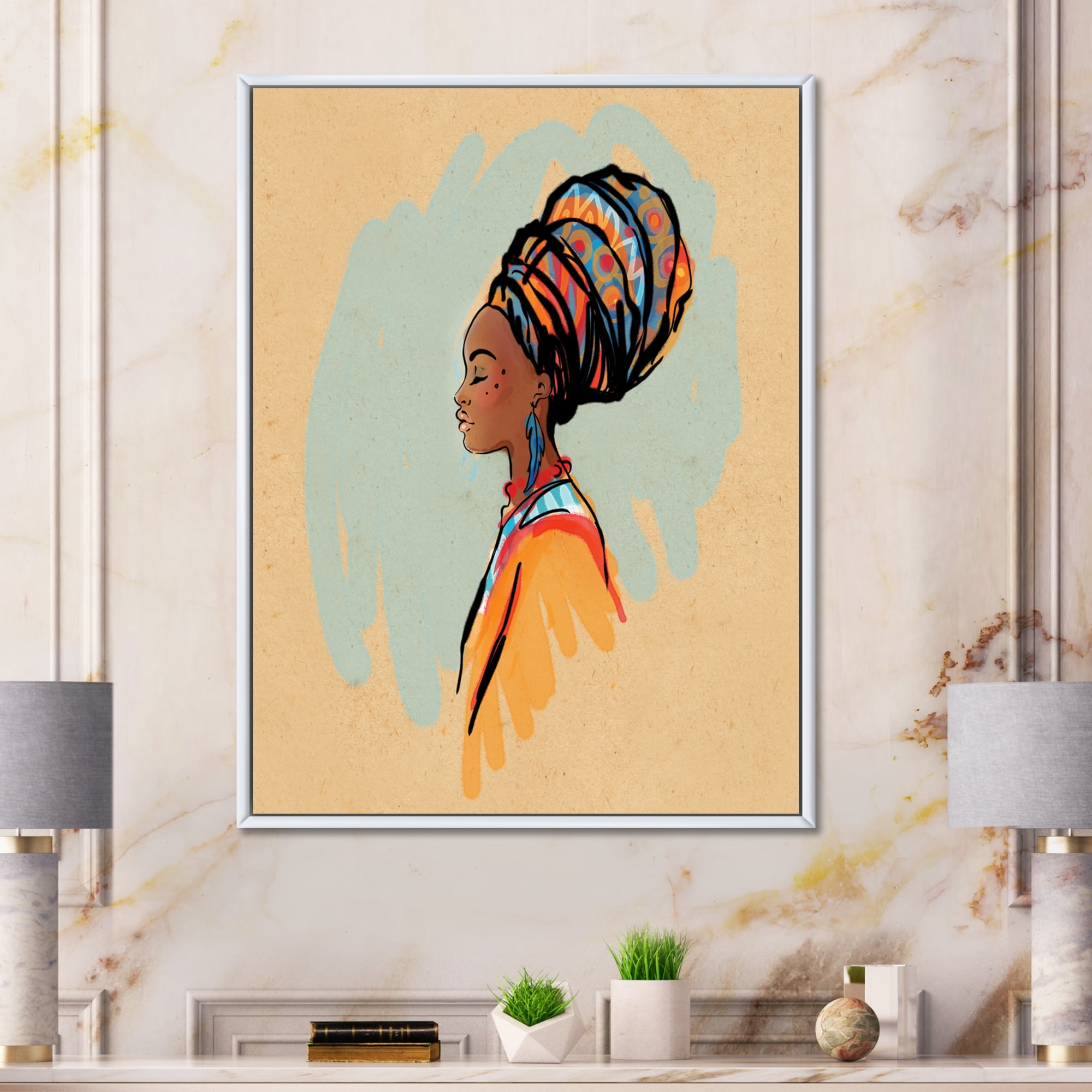 Designart 'Portrait of African American Woman With Turban II' Modern Framed Canvas Wall Art Print