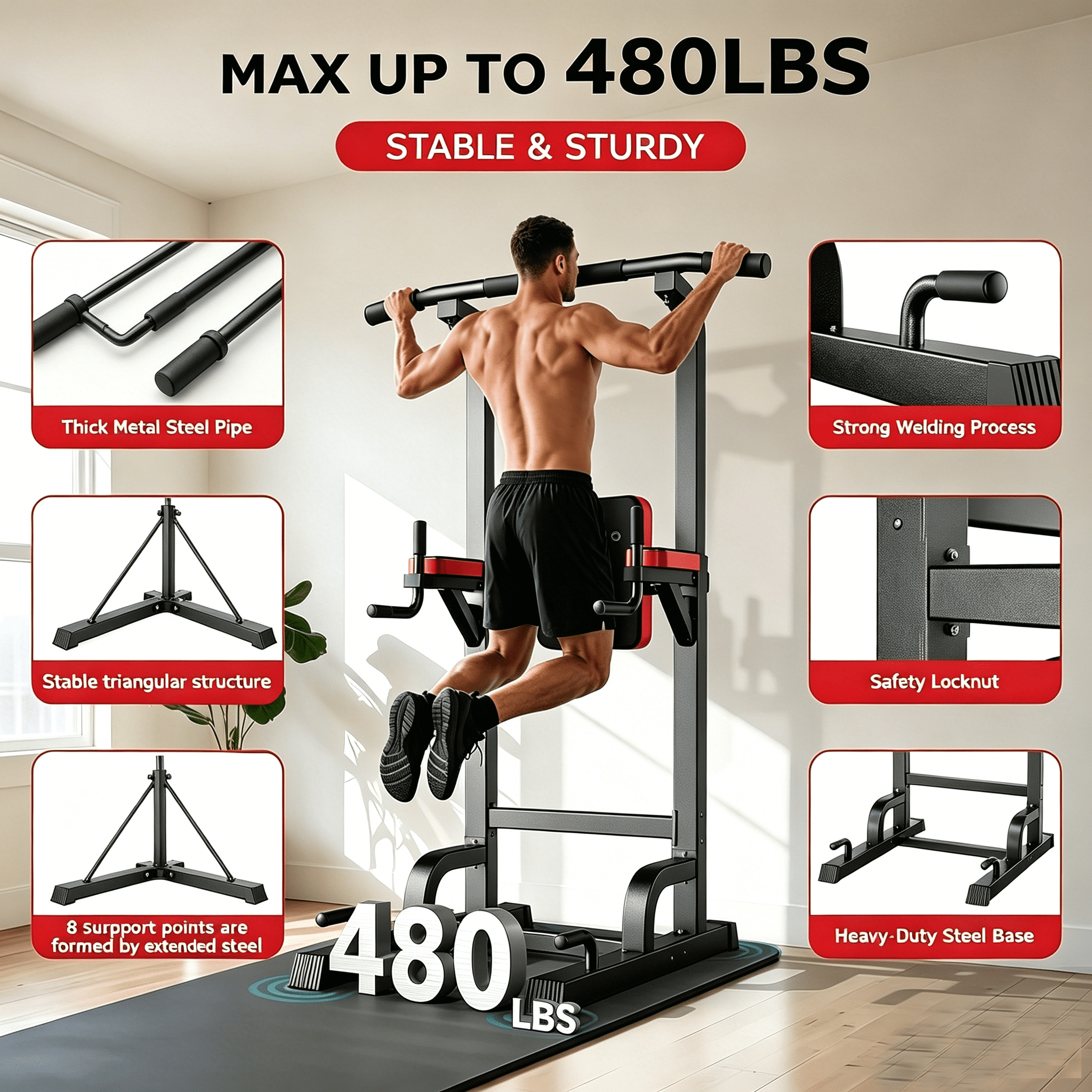 LNOW Adjustable Power Tower 480lbs Max Weight Multifunction Body Champ Dip Station Pull up Bar Power Rack for Home Gym Strength Training Workout Equipment