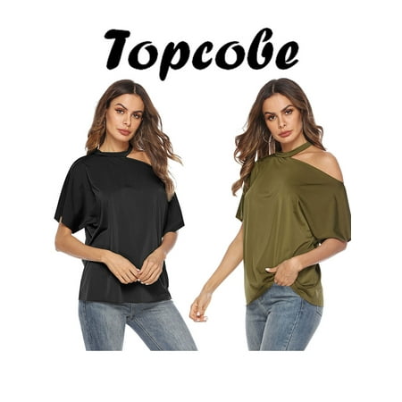 Women's Blouses and Tops, Black / Amy Green Sexy Halter One Shoulder Pullover Tops for Juniors, Short Sleeve Round Neck Blouse Tops for Women, Loose Fit T Shirt Tunics Tops for Ladies, S-2XL