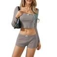 thumbnail image 5 of Michellecmm Women Cotton Pajama Set, Long Sleeve Bow Crop Top with Low Waist Shorts Sleepwear Loungewear, 5 of 9