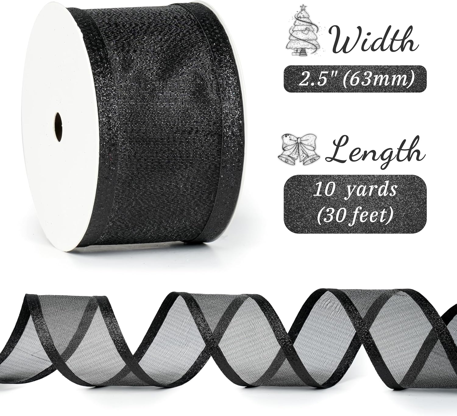 Black Christmas Ribbon Wired 2.5 Inch Metallic Black Wired Ribbon with Glitter Stripe, Ribbon for Christmas Tree, Wreaths Supplies, Swag, Garland, Halloween Decor - 10 Yards