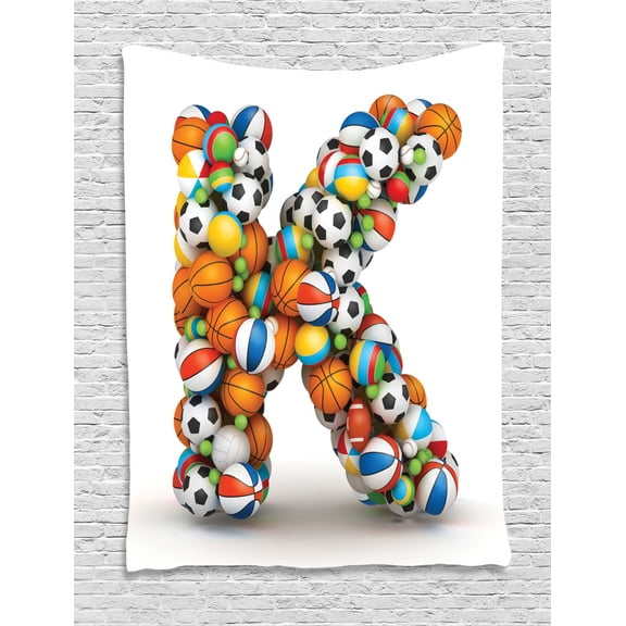 Letter K Tapestry, Alphabet Letter with Gaming Balls of Popular Sports Fun Initial Monogram Design, Wall Hanging for Bedroom Living Room Dorm Decor, 60W X 80L Inches, Multicolor, by Ambesonne
