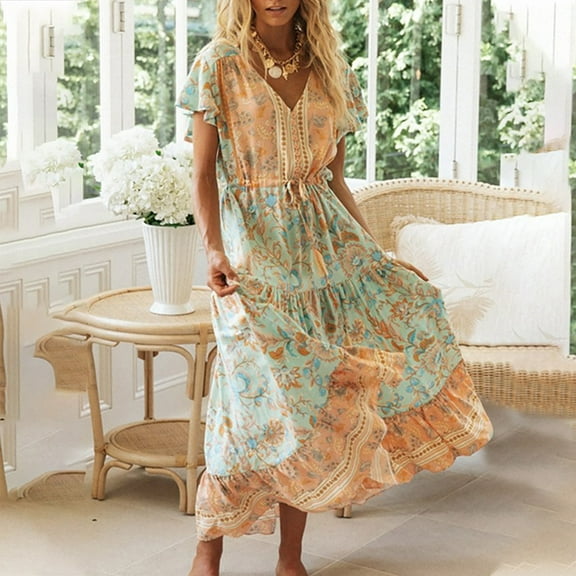 Dresses for Women Plus Size Short Sleeve Printing V-Neck Fashion Sexy Ladies Dress