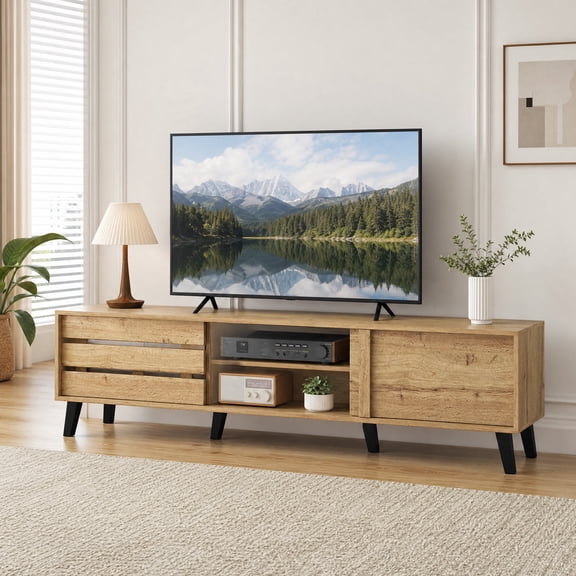 Mid Century Modern TV Stand for 80 Inch TVs, Entertainment Center Media Console with Sliding Door Cabinets and Storage Shelves,Oak