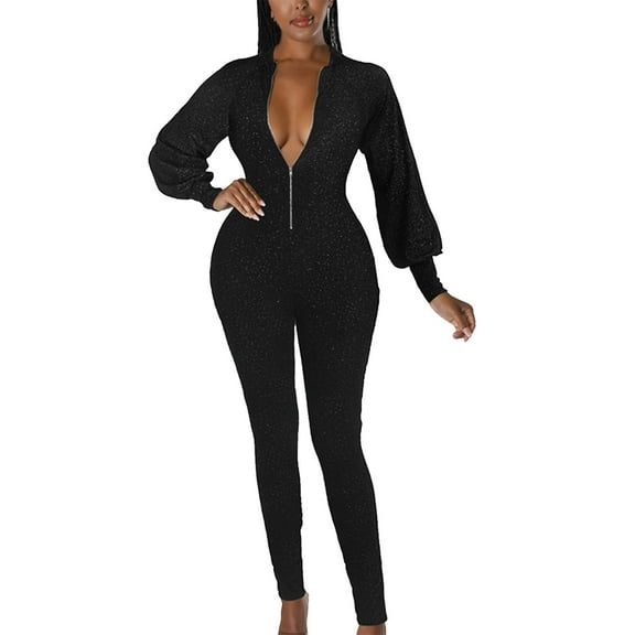 TAIAOJING Women's Casual Long Sleeve Jumpsuits Slim Zipper Stretch Shiny Nightclub Jumpsuit