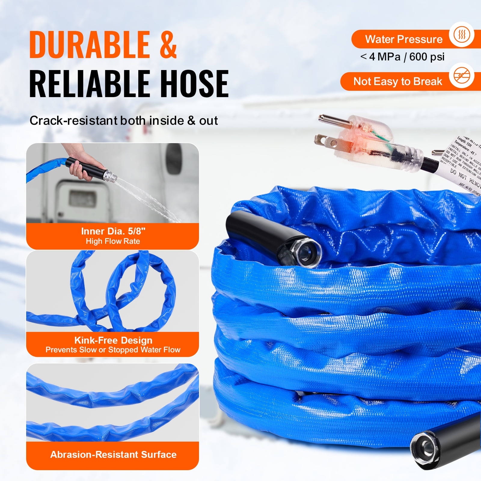 KFFKFF 25ft Heated Hose for RV, Self-regulating Heated Drinking Water Hose, Corrugated Cover Resistant to -45°F, 5/8" I.D. with 3/4" GHT Adapter, Free of Lead and BPA