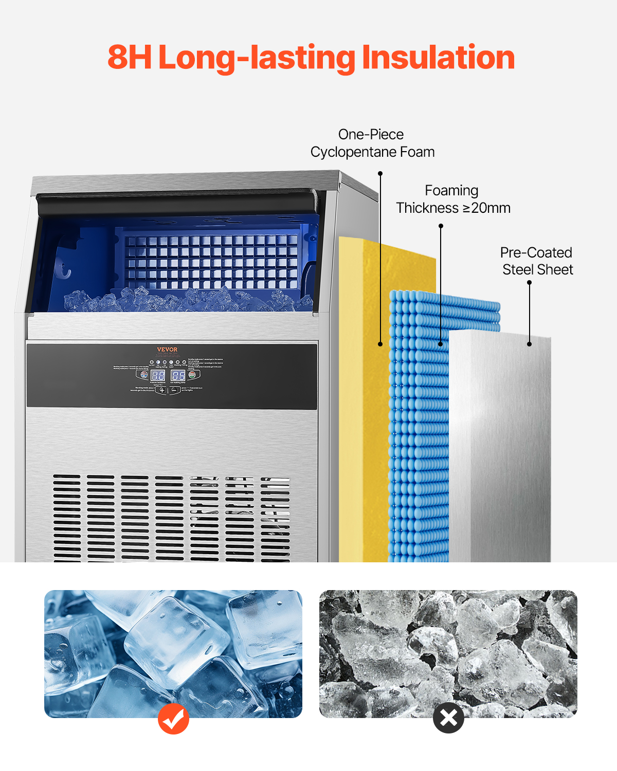 VEVOR Commercial Ice Maker Machine, 160lbs/24H Ice Maker Machine with 66lbs Storage Capacity, 80 Ice Cubes in 15 Minutes, LED Digital Display Freestanding Self-Cleaning
