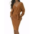 thumbnail image 1 of INSPIRE CHIC Robe Midi pour Femme Col en V Profond Manches Chauve-Souris Longues Ceinturée Robe Chandail Portefeuille S Brun, 1 of 6