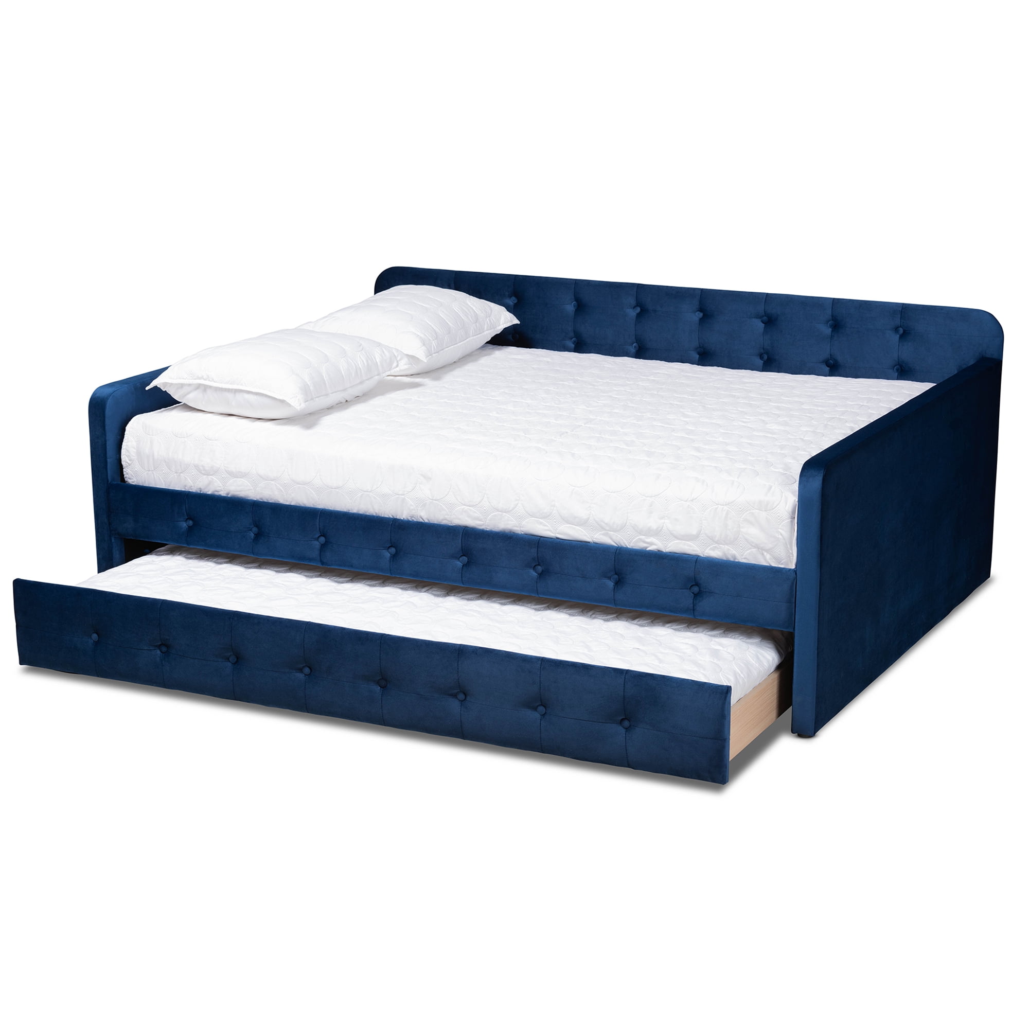 Baxton Studio Jona Kids Modern Daybed with Roll-out Trundle, Navy Blue/Velvet