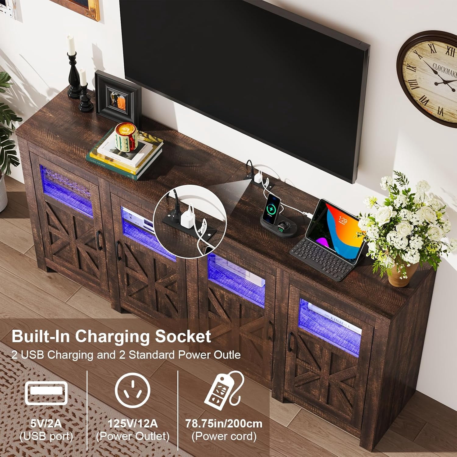 ChVans LED Farmhouse TV stand for up to 85" TVs with Power Outlet, 74" Large Entertainment Center Console Table, 33.5" Tall Rustic Media Console w/Storage Shelves for Living Room