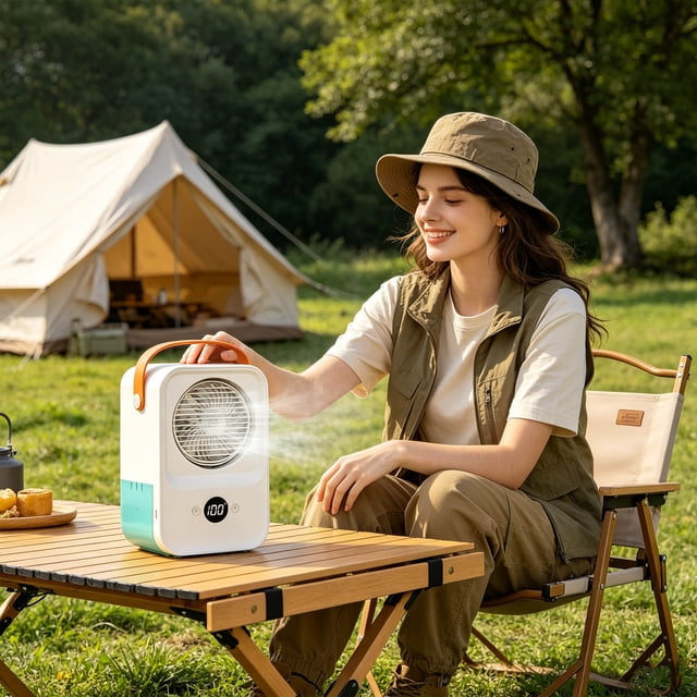 Sentmoon Small Fans Portable Camping Fan Quiet Portable Desktop Air Conditioner Fan 4 Wind Speeds Humidifying Cooler with Digital Display Rechargeable Voice Control for Bedroom Office Camping