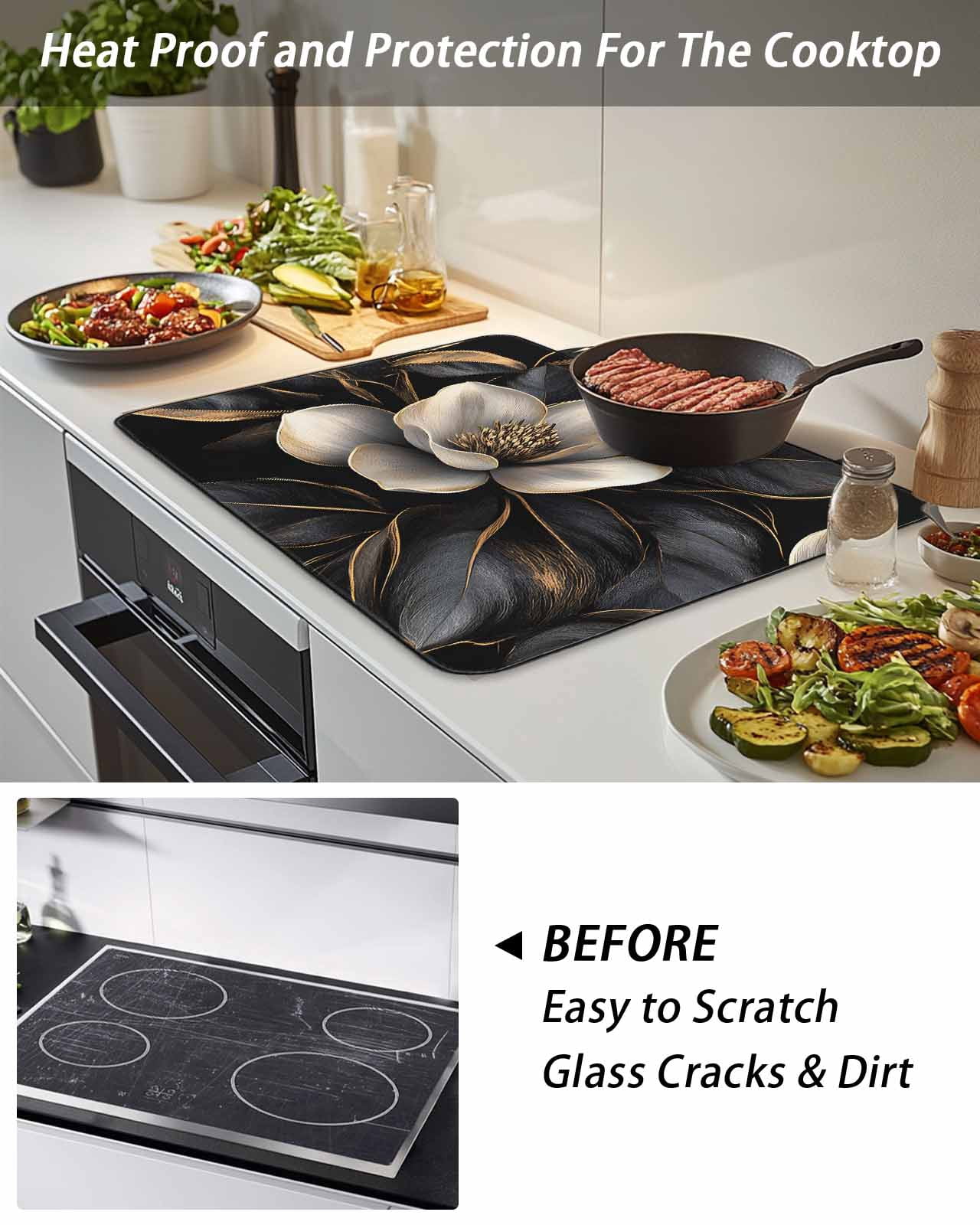 Stove Top Covers for Electric Stove, Black Gold Flower Glass Stovetop Cover Protector, Gradient Luxurious Floral Botanical Induction Cooktop Protector Oven Mat for Kitchen Countertop 28.5"x20.5"