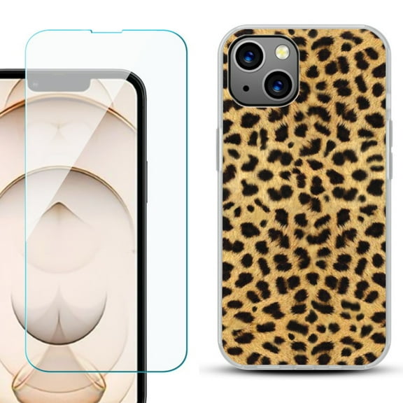 Slim-Fit Flexible TPU Gel Phone Case for iPhone 13, with Tempered Glass Screen Protector, by OneToughShield ® - Cheetah Gold/Black