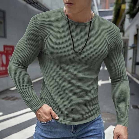 Zedker Casual Crewneck Long Sleeve Thermal Base Layer Shirts for Men Comfortable Breathable Elastic Honeycomb Knitted Pullover Tops,Army Green,L