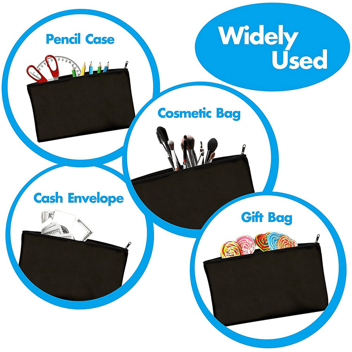 90 Pcs Black Blank Canvas Bag 8.3X4.7in Stationery Storage Zipper Bag DIY Graffiti Pencil Case DIY Gift Bag