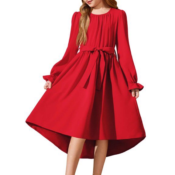 Girls Long Sleeve Dress Low Swing Wedding Guest Dresses with Belt Red