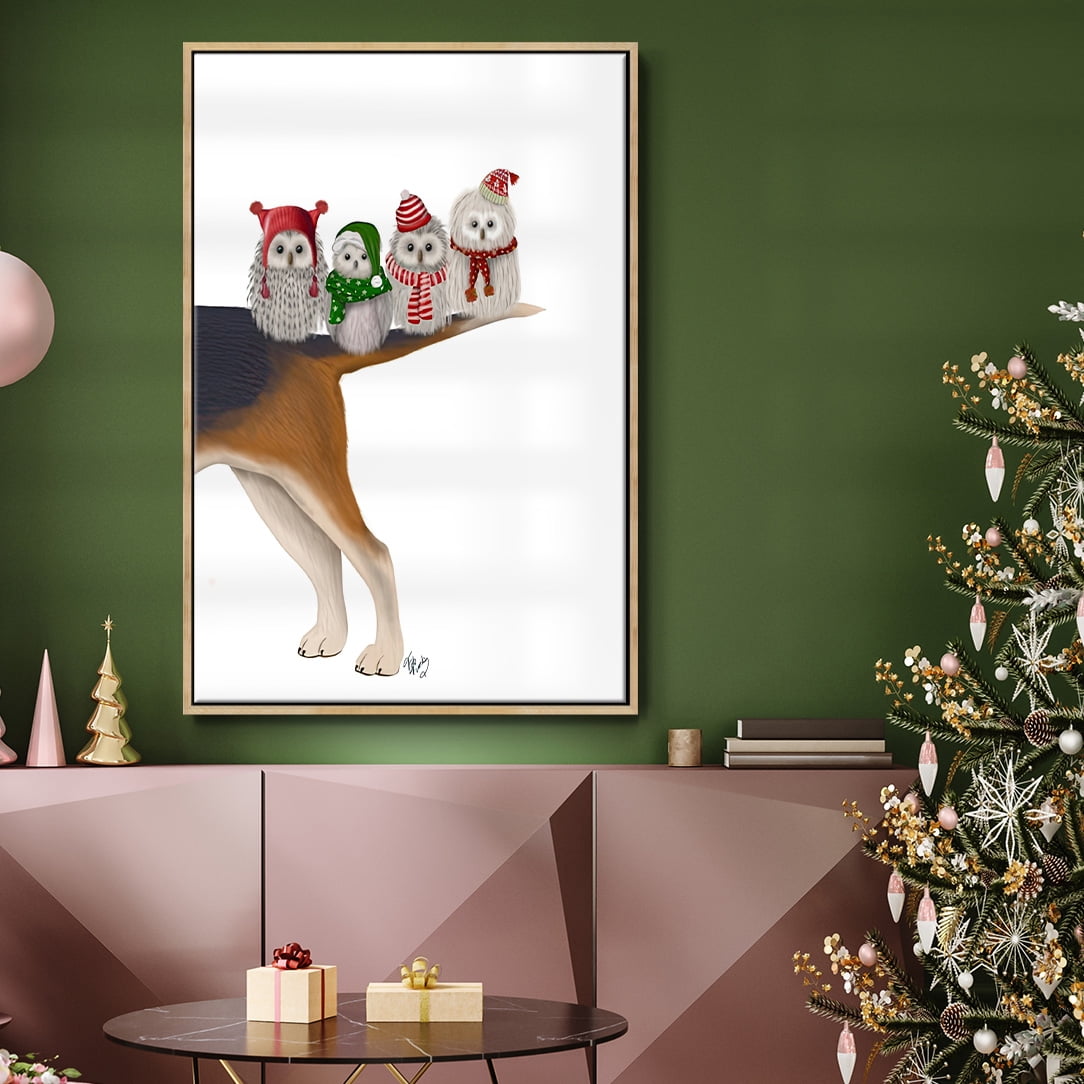 Christmas Bummer Owls - Framed Gallery Wrapped Holiday Canvas - 17 x 25 - Natural Wood Frame