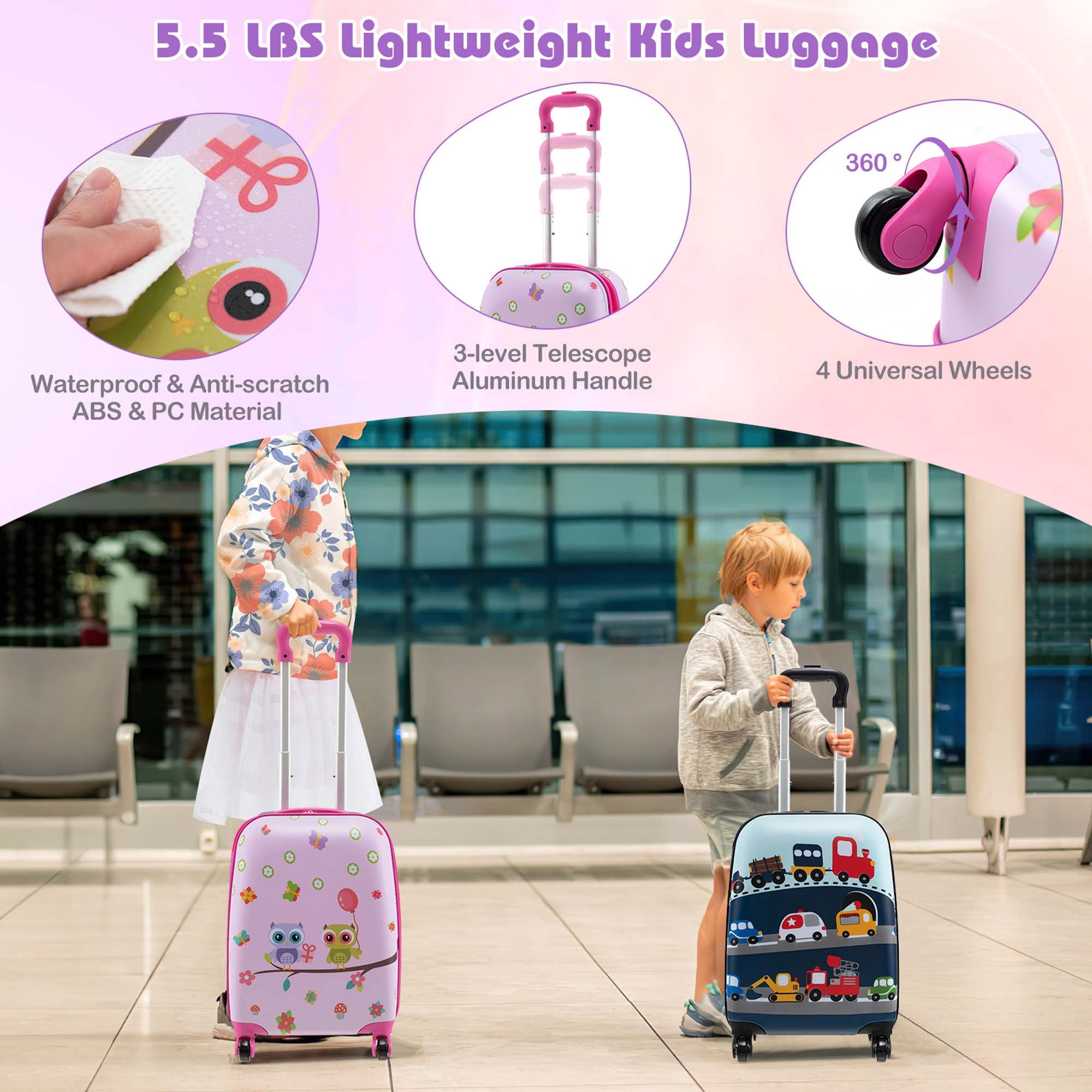 Costway 5 PCS Kids Luggage Set with Backpack Neck Pillow Luggage Tag Lunch Bag Wheels Light Pink