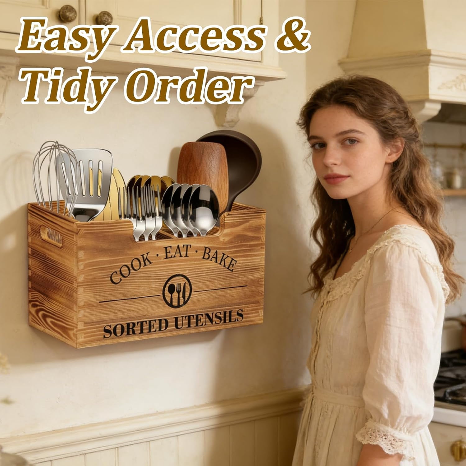 Upgraded Kitchen Utensil Holder For Counter  Extra Large Wooden With Three Adjustable Combination Designs Storage Cooking And Silverware