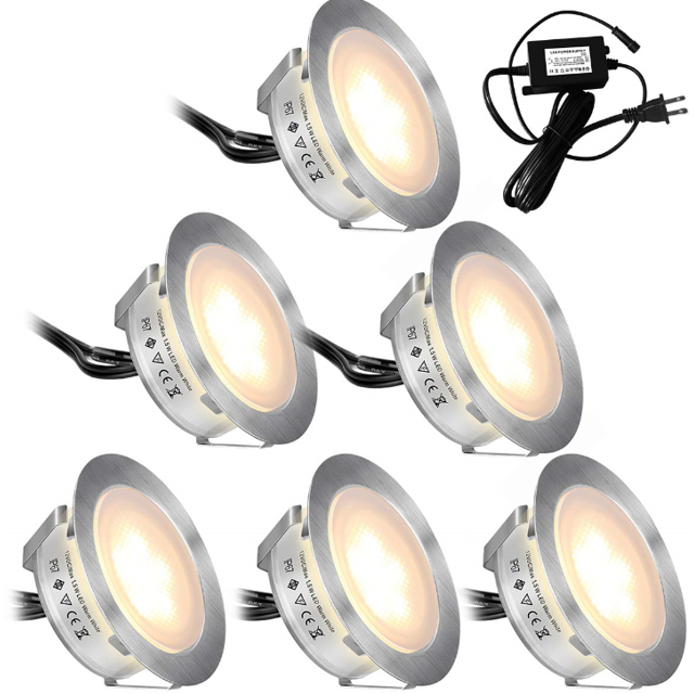 CHAO Kit de 6 luces LED empotrables para cubierta (lámpara de cubierta grande) (paquete de 6), iluminación de paisaje de bajo voltaje de 12 V, lámpara de escalera para exteriores impermeable IP67, luz