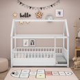 thumbnail image 2 of Oufan Twin Size House Floor Bed,Wooden Montessori Bed with House Roof Frame and Fence Guardrails,Twin Bed Frame for Boys, Girls, White, 2 of 10