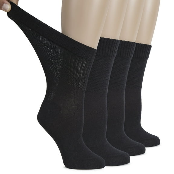 HUGH UGOLI Women's Cotton Diabetic Crew Socks, Wide, Thin, Loose Fit and Stretchy, Seamless Toe & Non-Binding Top, 4 Pairs, Black, Shoe Size: 9-12