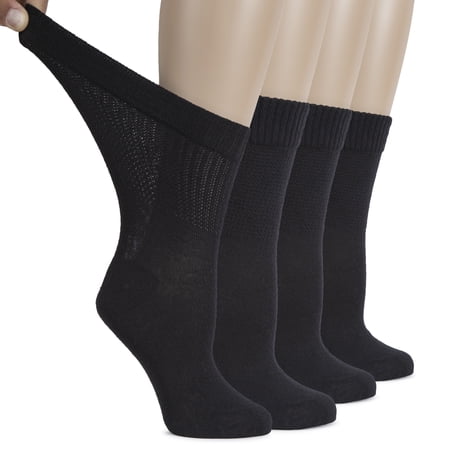 Hugh Ugoli Women's Cotton Diabetic Crew Socks, Wide, Thin, Loose Fit and Stretchy, Seamless Toe & Non-Binding Top, 4 Pairs, Black, Shoe Size: 9-12