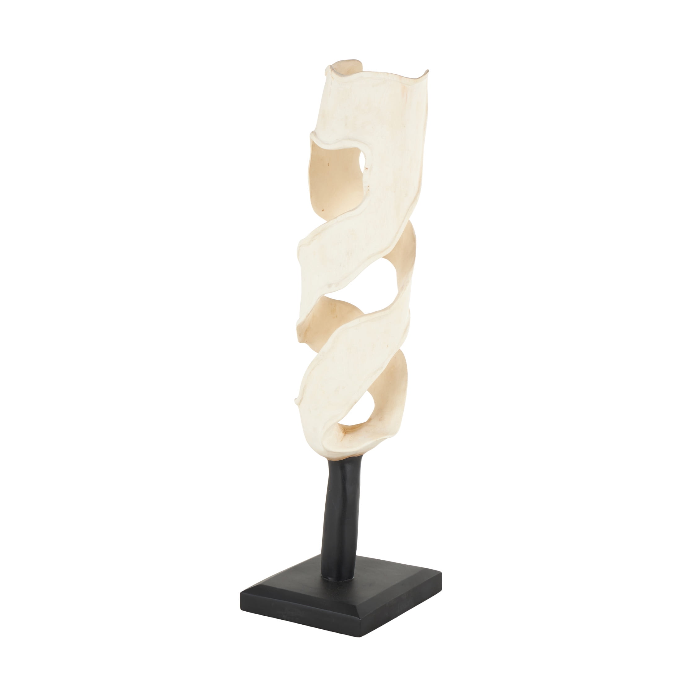 12" x 40" Cream Suar Wood Handmade Live Edge Intertwined Abstract Sculpture with Black Square Base, by DecMode