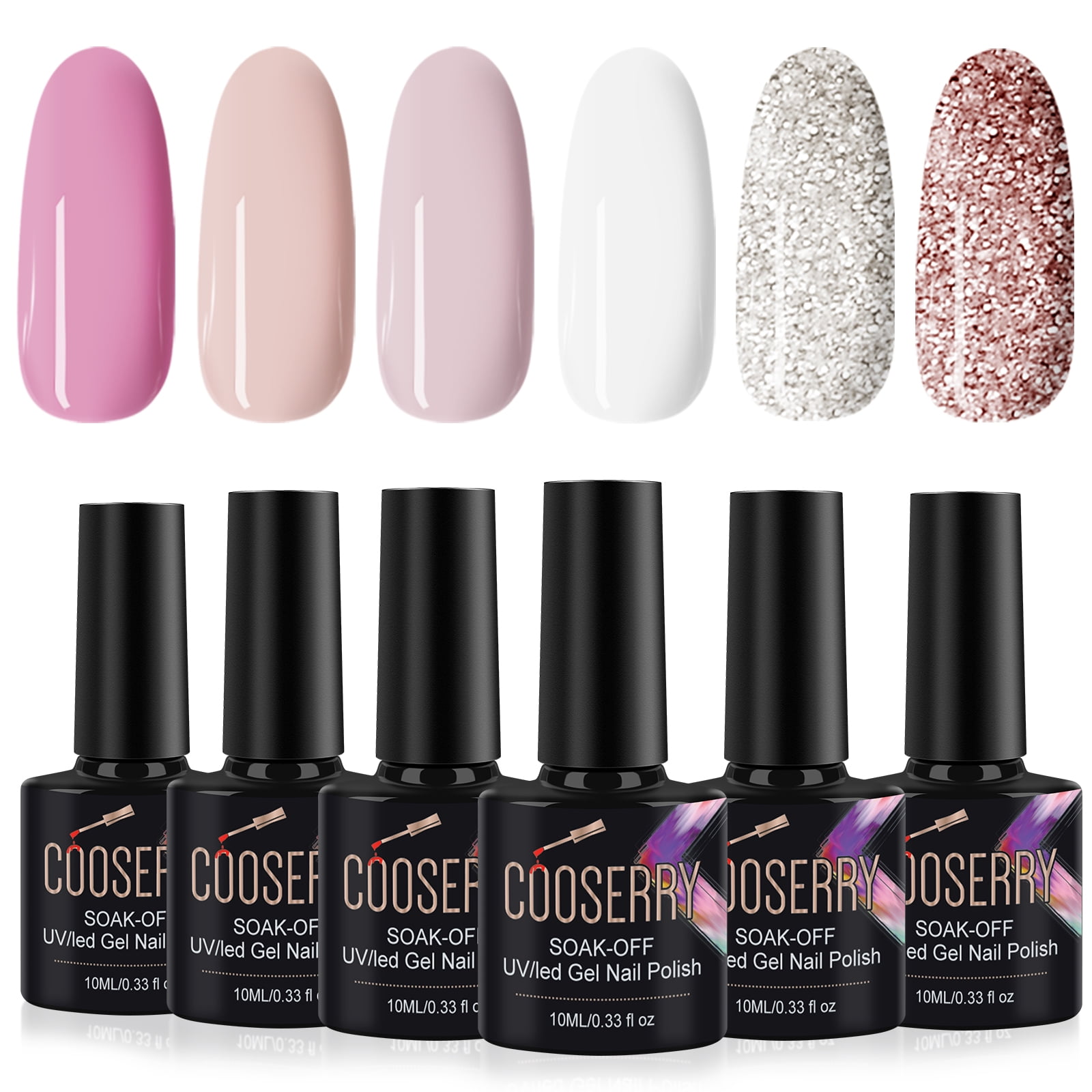 Cooserry French White Gel Nail Polish Kit 6 Pack Nude Pink Glitter