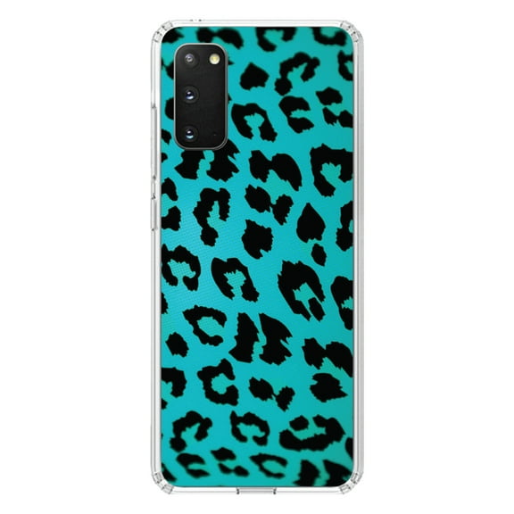 DistinctInk Clear Shockproof Hybrid Case for Galaxy S20 PLUS / 5G (6.7" Screen) - TPU Bumper, Acrylic Back, Tempered Glass Screen Protector - Teal Black Leopard Skin Spots
