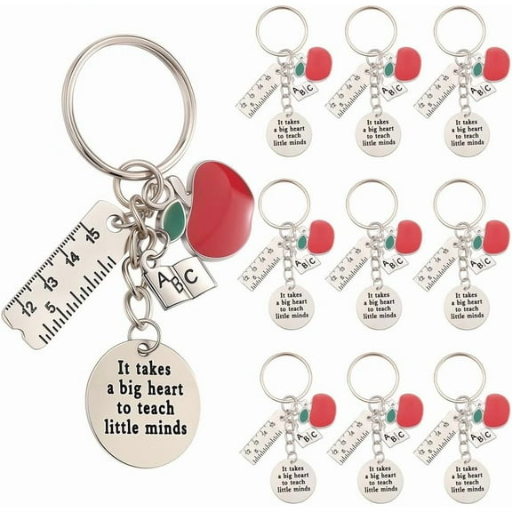 1 Box 20Pcs Teacher Appreciation Keychain Bulk Teachers Key Chains Pack Word Inspiration Silver ABC Red Apples School Thanks Charms for Handbags Party Wedding Favors Purse Holders Graduation Platinum