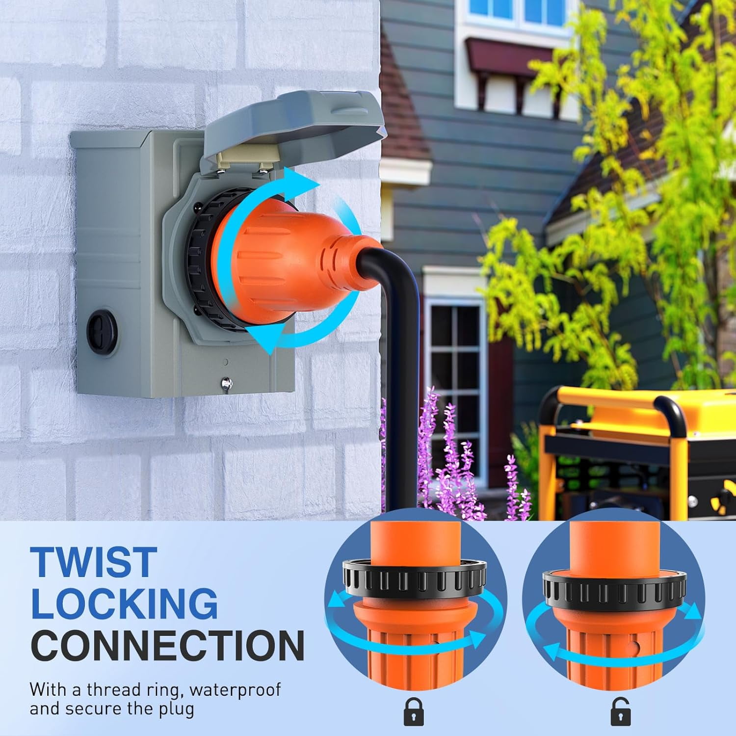Nilight 30A 15FT Generator Extension Cord Power Inlet Box with Locking Connector 125/250V 7500W 10 Gauge STW ETL Listed 4 Prong L14-30P L14-30R Cable for Generator RV Outdoor Use