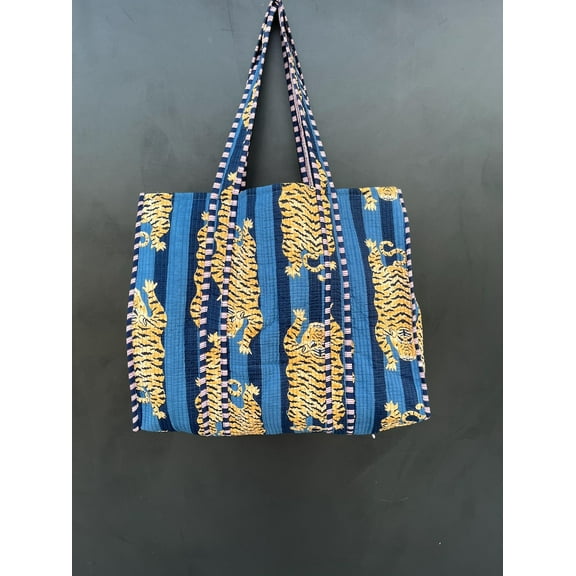 Tiger Print Cotton Tote Bag Eco Friendly Sustainable Sturdy Grocery Shopping Tote Bag Handmade Boho Bag Quilted Tote Bag Market Bag