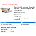 thumbnail image 2 of Right Headlight Assembly - Compatible with 2011 - 2013 Honda Odyssey Mini Passenger Van 2012, 2 of 2
