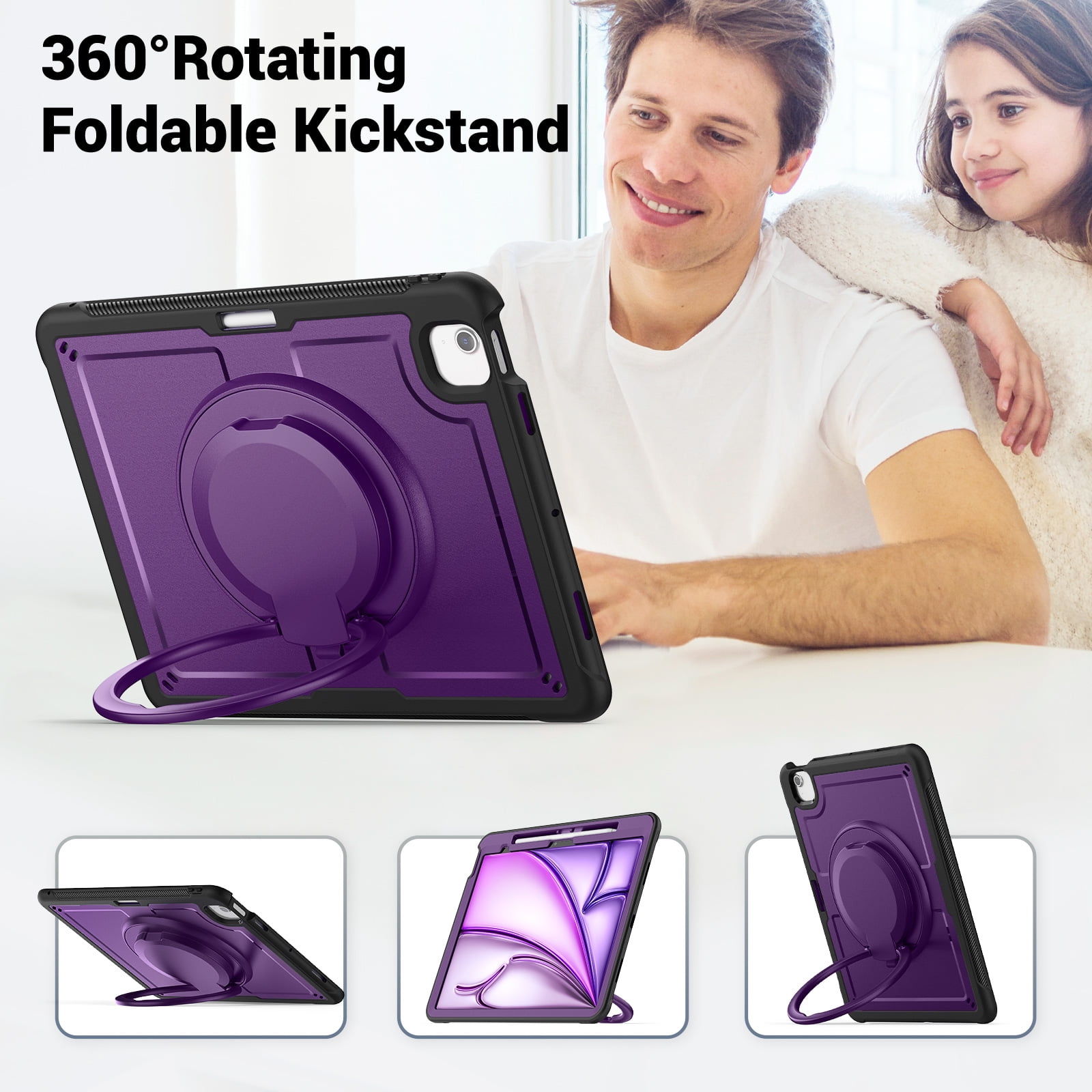 Shockproof Case for Apple iPad Air 13 Inch 2024 M2, Rugged Hybrid Protective Cover with Pencil Holder & Shoulder Strap Kids Friendly Rotating Kickstand Case for iPad Air 13" 2024, Purple