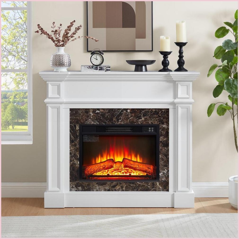 Electric Fireplace Mantel, 45.7”W Freestanding Heater with Remote, Timer, LED Flame | White | MDF