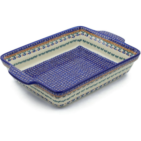 Polish Pottery 15-inch Rectangular Baker with Handles (Blue Cress Theme) Signature UNIKAT Hand Painted in Poland + Certificate of Authenticity