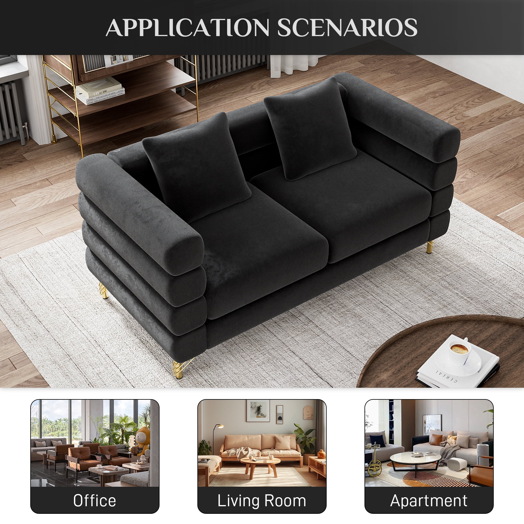 Wiilayok 59" Velvet Cloud Couch, 2 Seater Deep Seat Sofa Couches with Gold Legs,Pillows,Modern Loveseat Sofa for Living Room Bedroom Office Apartment,Black