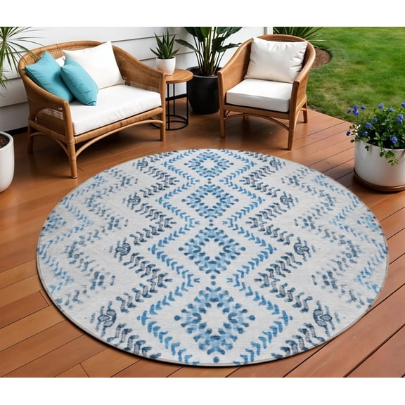 HomeRoots 581547 8 ft. Round Geometric Washable Indoor & Outdoor Area Rug, Navy Blue & Denim Blue