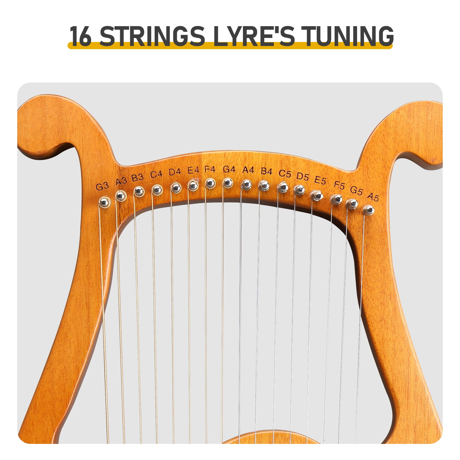 16-String Box Lyre Harp, Sapele Wood Lap Harp with Panda Motif, Steel Strings, Tuning Wrench and Padded Bag for Beginners and Kids