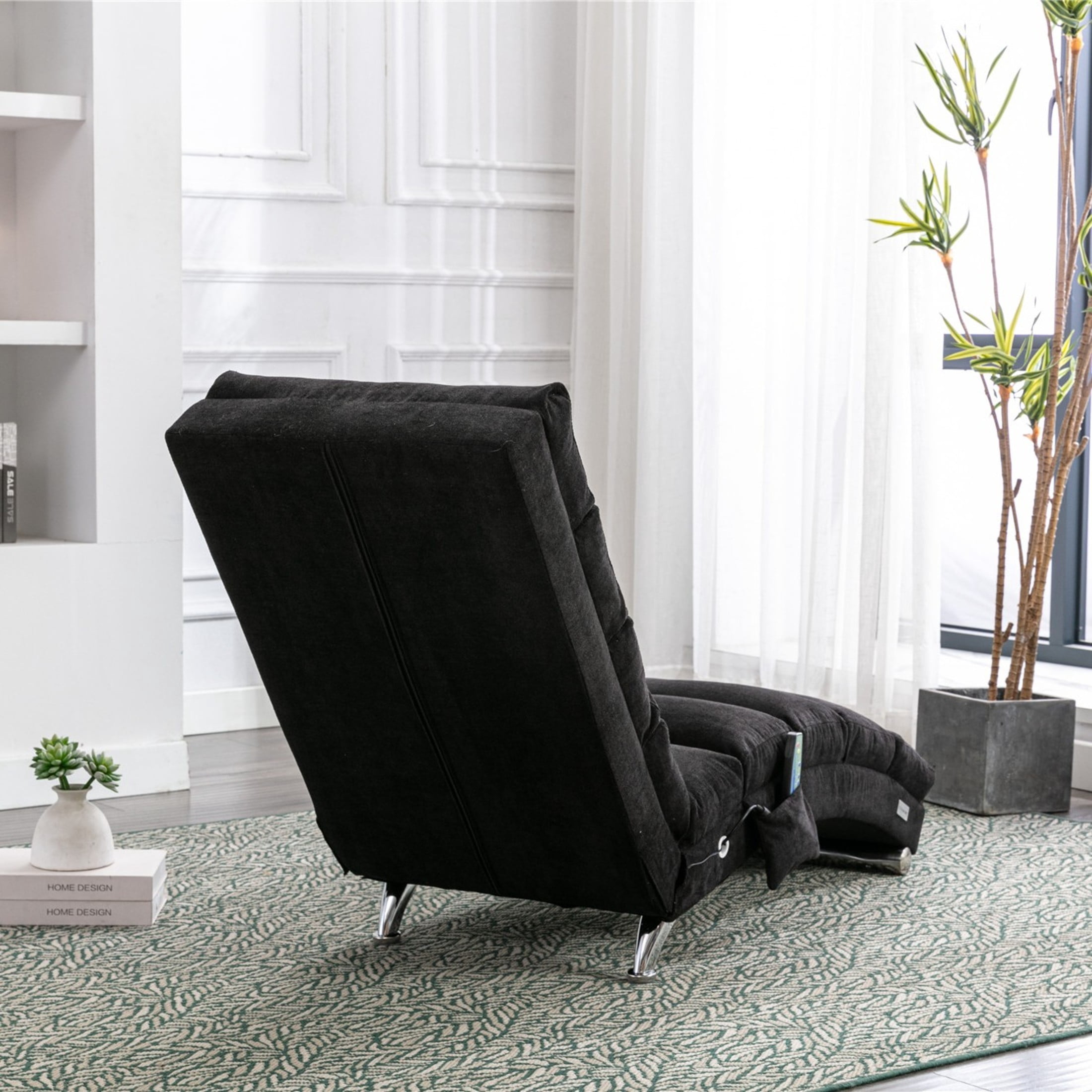 Noble House Upholstered Chaise Lounge Chair with Vibration, Linen Fabric Leisure Recliner, Black