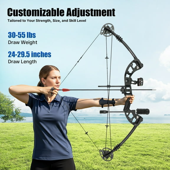 Black Compound Bow Kit with 12 Arrows Right Hand Archery Hunting Set 30-55lbs