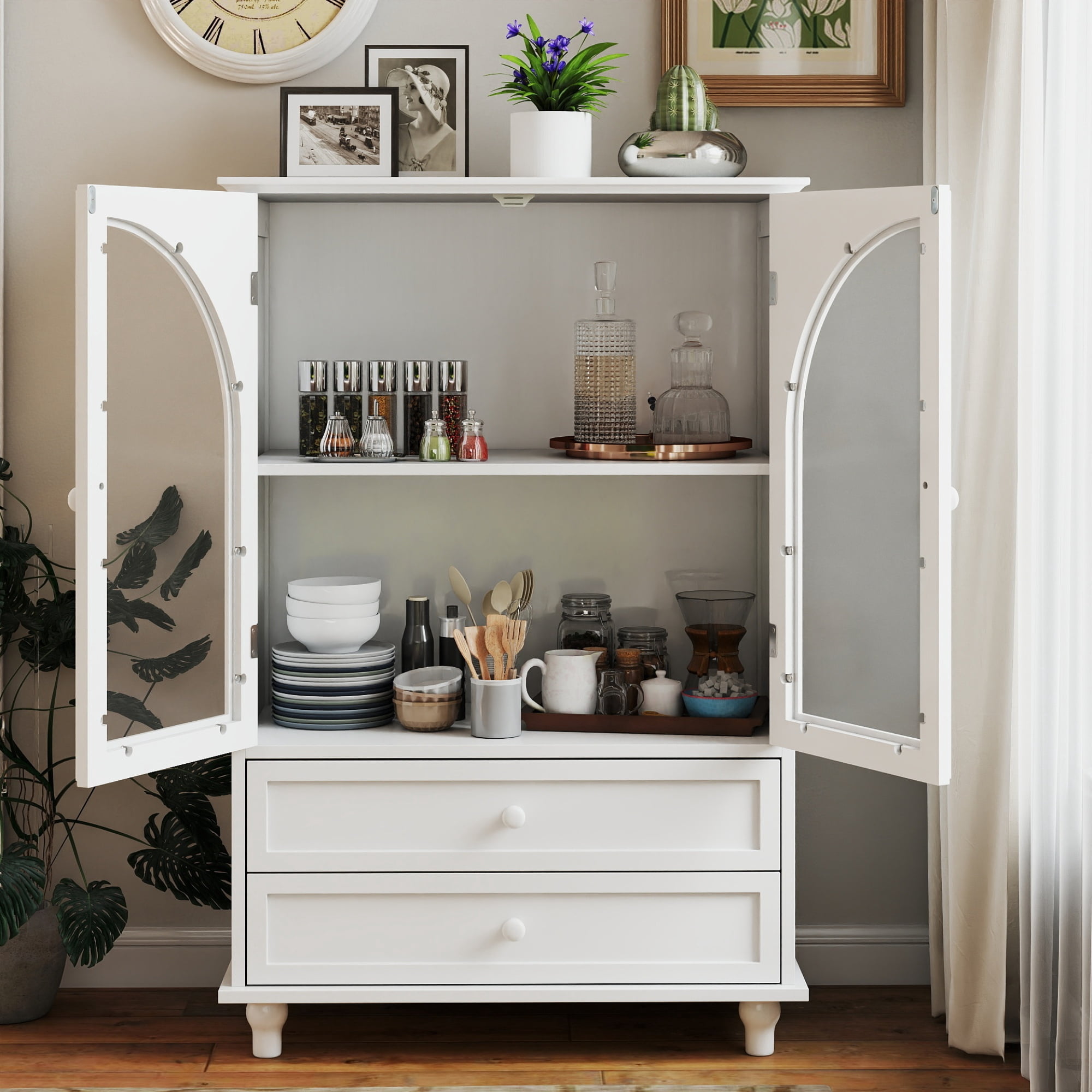 42"H Kitchen Storage Cabinet,Farmhouse Buffet Sideboard with 2 Drawer & 2 Doors,Pantry Cabinet Entryway Cabinet Coffee Bar for Dining Room Living Room,White