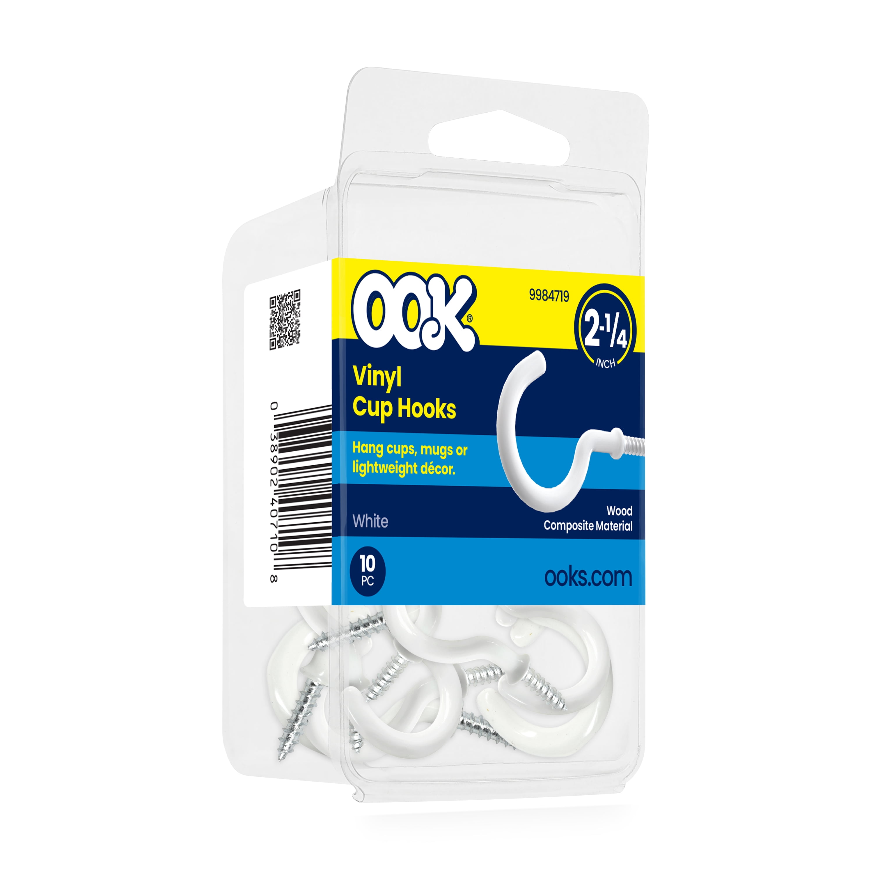 OOK White Vinyl Cup Hooks, 2.25", Screw-in Cup Hooks, 0.5 lbs. 10 Pieces