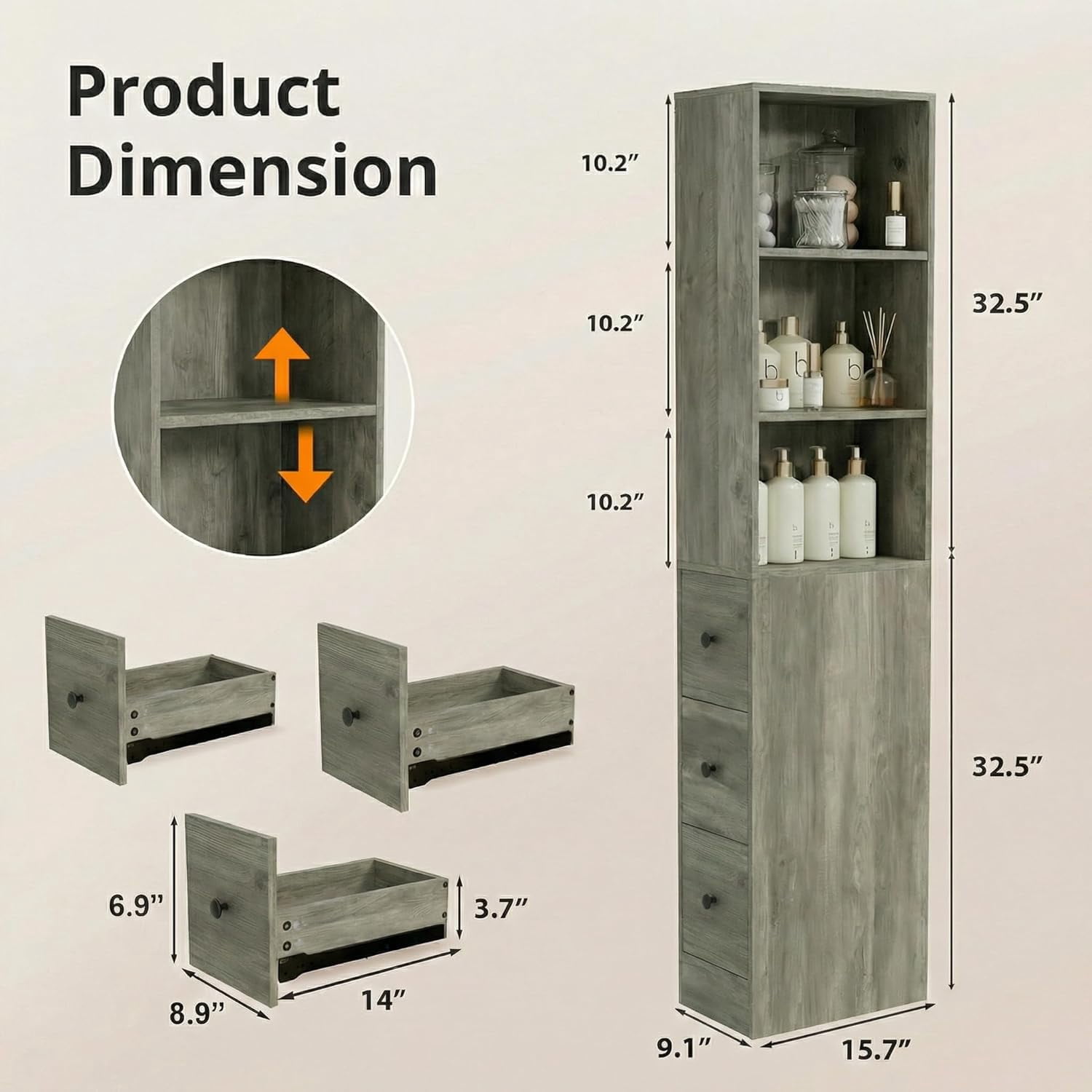 Storage Cabinet Tall Narrow Bathroom Organizer with 3-Level Adjustable Shelves Slim Free Standing Space Saver for Living Room Kitchen, Gray