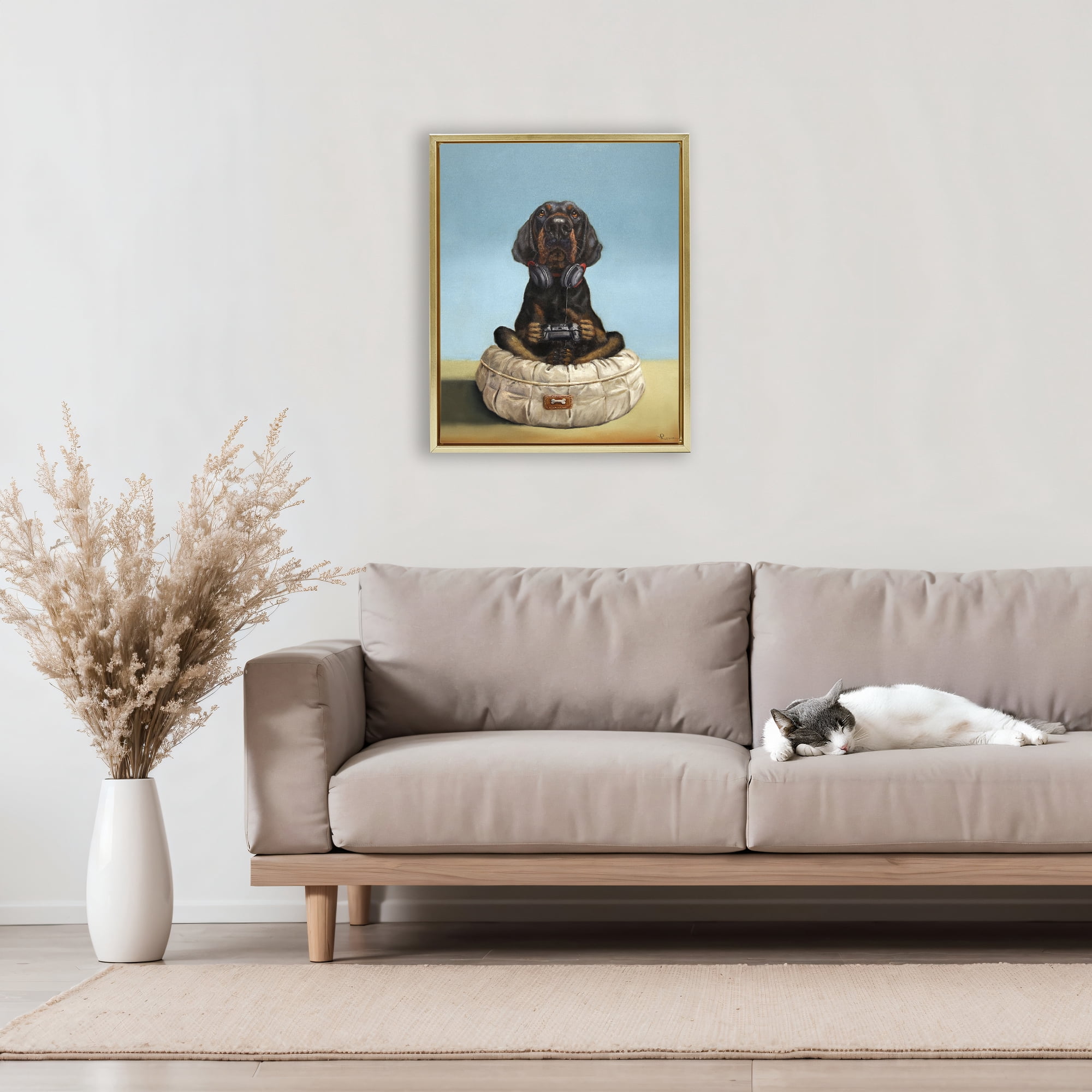 Stupell Industries Game Boy Playing Dog Gold Framed Floater Canvas Wall Art, design by Lucia Heffernan