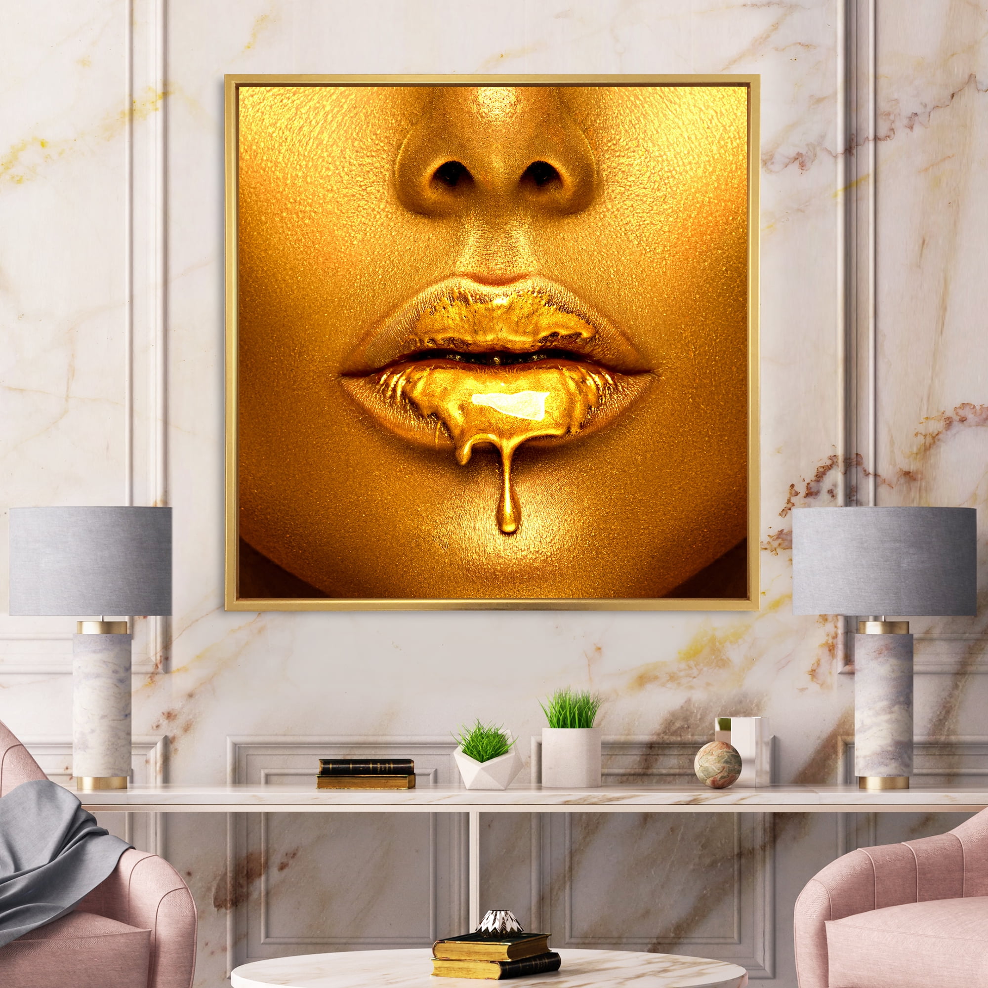 Designart 'Gold Paint Drips From Sexy Girl Lips' Modern Framed Canvas Wall Art Print
