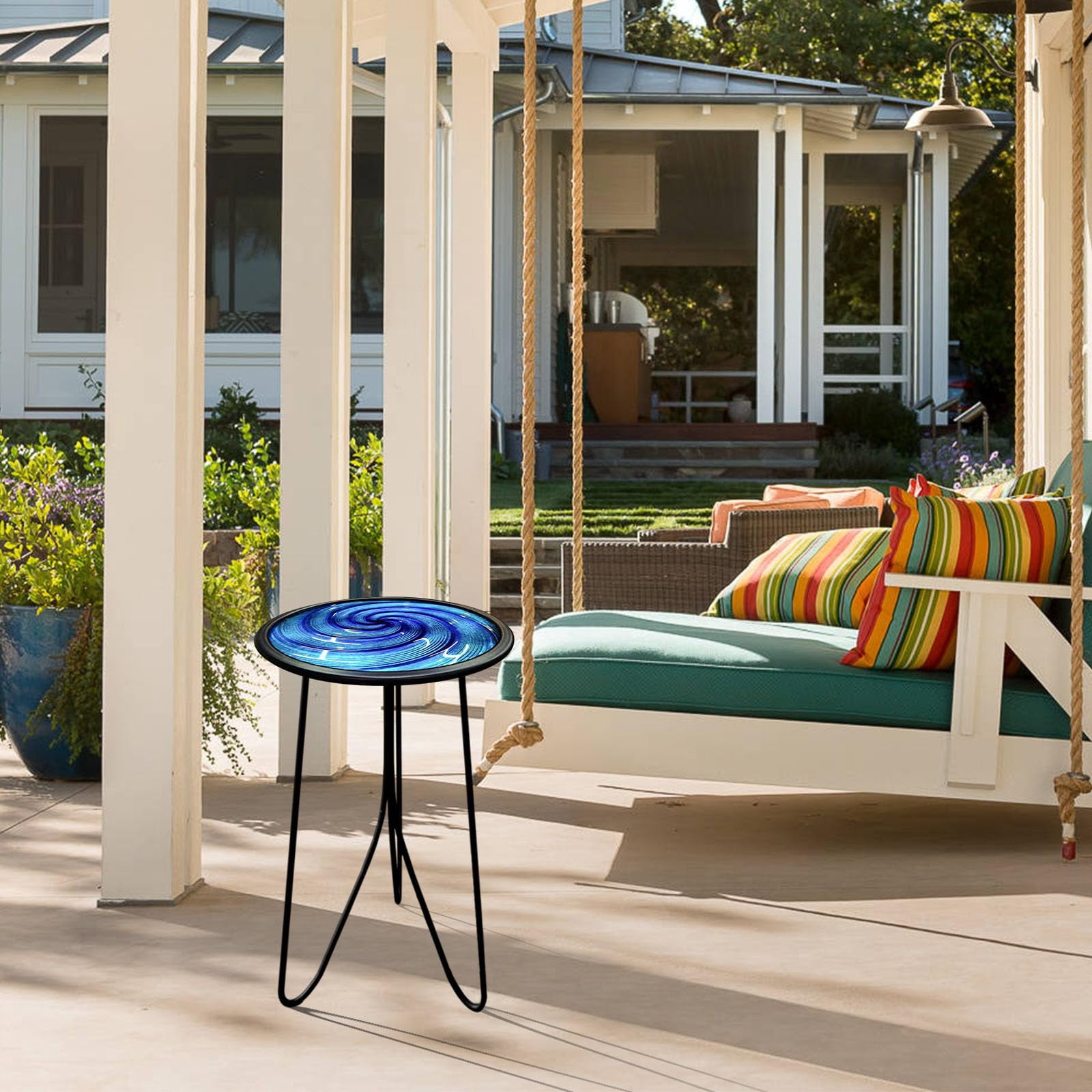 Liffy Blue Glass Side Table- 20 inch Height Vortex Metal End Table ,Plant Stand for Home